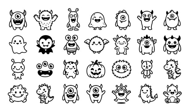 Cute monster characters collection halloween and fantasy line art icons