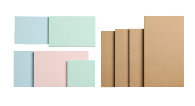 Clean collection of pastel blue, mint, and pink note cards arranged with a stack of brown kraft envelopes isolated on transparent background. Minimalist office stationery mockup