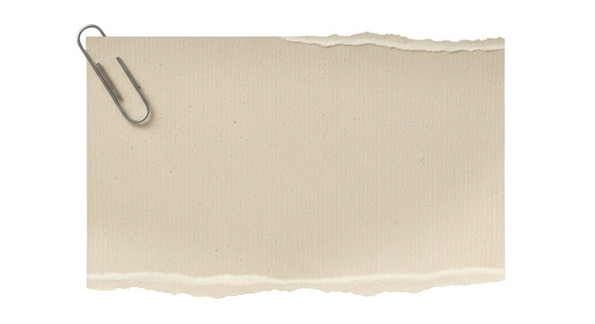 Light beige textured paper scrap with a silver metal paperclip and deckle torn edges isolated on transparent background. Realistic fiber details and soft drop shadow.