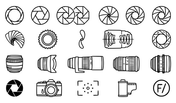 Photography equipment icons aperture lenses camera accessories set