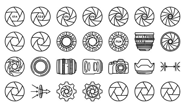 Photography icons set aperture lens camera film vector illustration