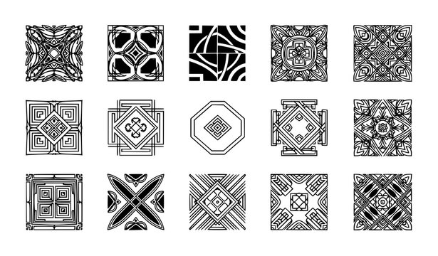Art deco geometric patterns collection black and white tile designs