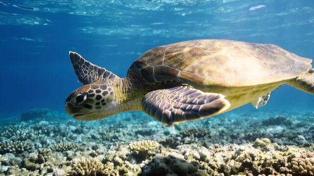 Majestic green sea turtle swimming in clear blue ocean water above a vibrant coral reef