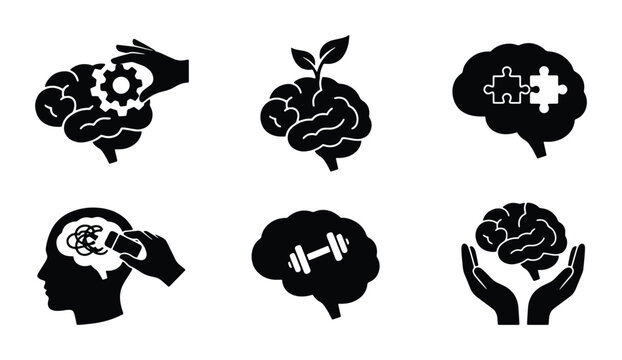 Brain Icons Set: Cognitive Function, Growth, Problem Solving, Mental Health, Fitness, Care