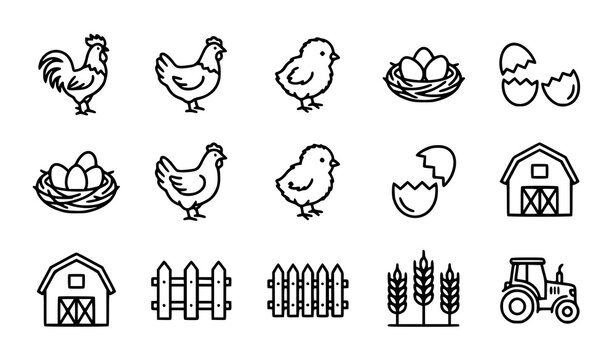 Farm life linear icons rooster hen chicks barn and agricultural elements