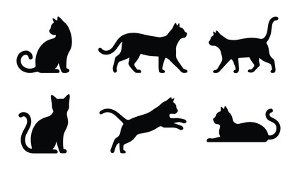 Black Cat Silhouettes Vector Set, Feline Poses Collection, Domestic Pet Graphics, Animal Iconography © fr