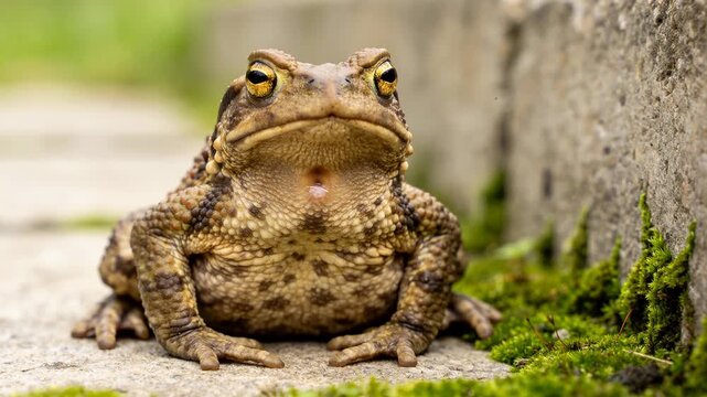 Brown european toad sitting on a stone path next to green moss and breathing