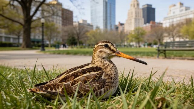 Wilson snipe with a long bill resting on green grass with a city skyline in the background