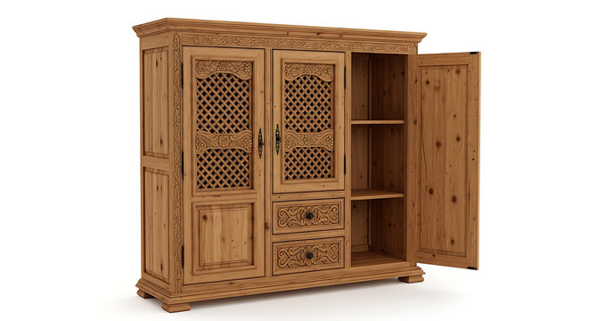 Wooden vintage cabinet with lattice doors and drawers, natural finish