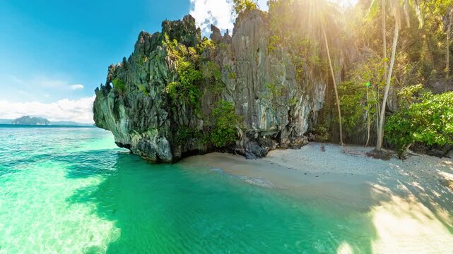 Entalula Beach in El Nido, Palawan Philippines, ranked world's most beautiful beach in 2026, World's 50 Best Beaches. For its pristine white sand, crystal waters and dramatic limestone cliffs 360 view