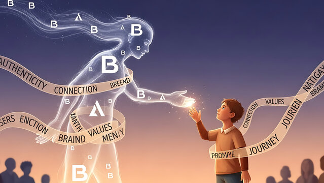 Child reaching out to ethereal light being with words like connection and journey symbolizing guidance and spiritual growth.