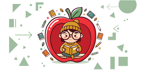 Fototapeta premium A charming vector illustration of a cute student with glasses and a beanie, sitting inside a large red apple and reading a book, surrounded by school supplies.