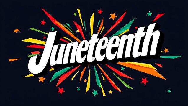Juneteenth celebration graphic with colorful starburst design and white text on dark blue background