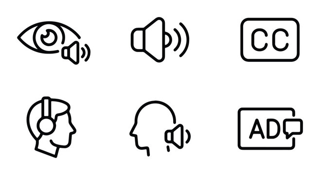 Accessibility Icons Set: Visual, Audio, Closed Captions, Headphones, Mute, Advertisement Symbols