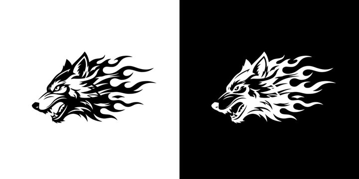Fiery Wolf Head Illustration - A Symbol of Power and Intensity.
