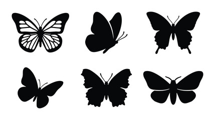 Six Black Butterfly Silhouettes, Vector Icons Set, Insect Winged Creature Graphics, Nature Elements Collection © Farjana