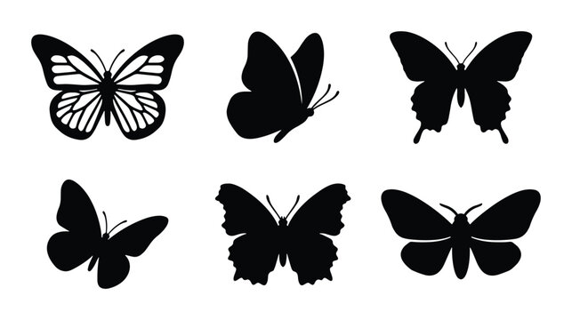 Six Black Butterfly Silhouettes, Vector Icons Set, Insect Winged Creature Graphics, Nature Elements Collection