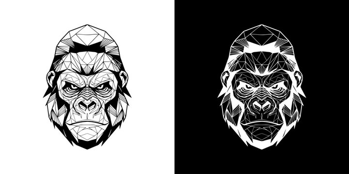 Geometric Gorilla Head Illustration in Black and White.