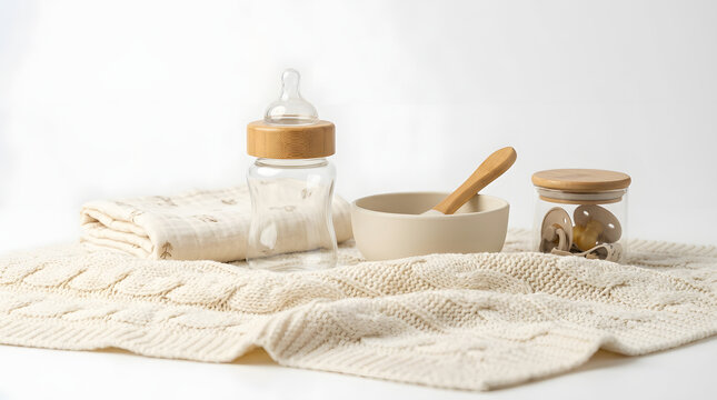 Baby care essentials on a cream colored knitted blanket isolated on white background