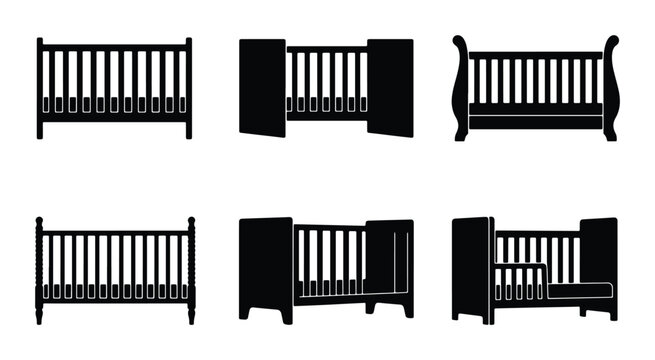 Baby Crib Vector Icons Set, Infant Bed Silhouette Collection, Newborn Furniture Graphics, Nursery Sleep Equipment