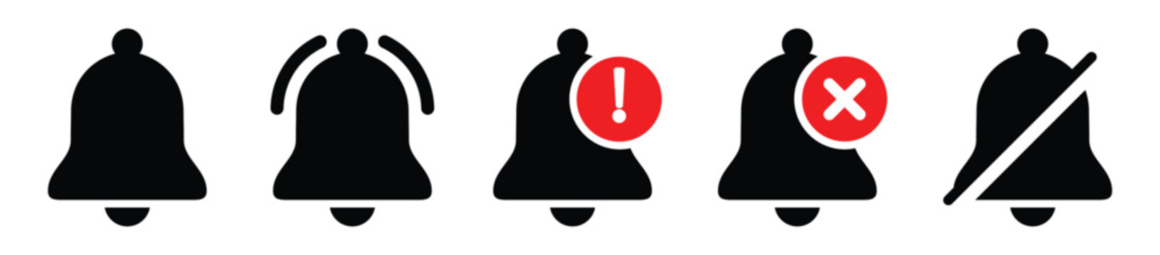 Notification bell icon set. Bell reminder notification icon collection of notification bell icon. Alarm symbol. Reminder icon of ringing bells, sign for incoming inbox messages.