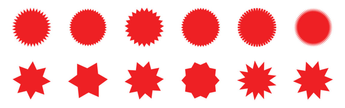 Red price sticker, sale or discount sticker, sunburst badges icon. Stars shape with different number of rays. Special offer price tag. Red starburst promotional badge set.