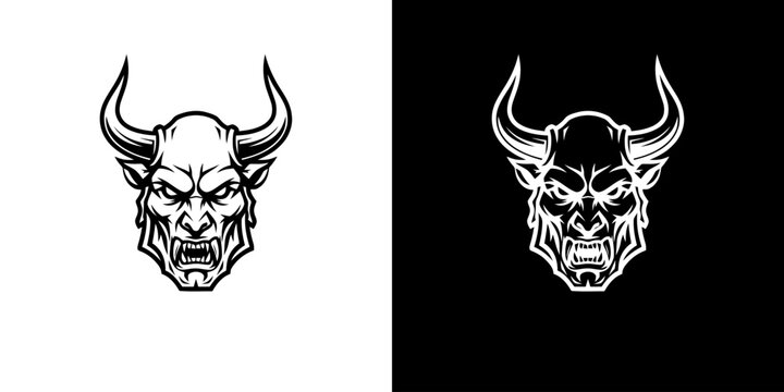 Intense Devil Head Illustration with Horns and Sharp Features.