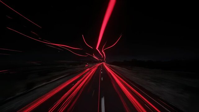 Night road journey, streaks of red light streak across a dark highway, implied movement and speed