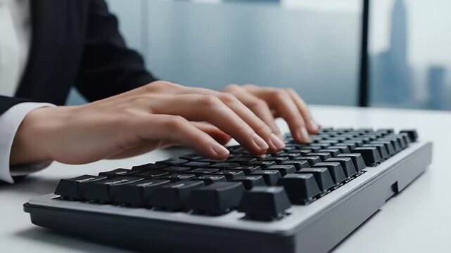 Business professional hands typing on a keyboard in office