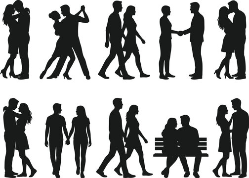 Set of romantic couple silhouettes featuring lovers dancing kissing walking holding hands and sitting on a bench isolated on white background