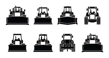 Bulldozer Vector Icons Set, Heavy Machinery Front View Silhouettes, Construction Equipment Collection © Faisal