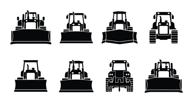 Bulldozer Vector Icons Set, Heavy Machinery Front View Silhouettes, Construction Equipment Collection