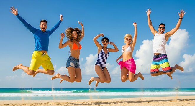Group of happy friends jumping on the beach during summer vacation