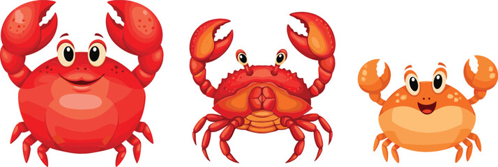 Set of cartoon crabs vector illustration featuring cute red and orange sea animals with claws for marine life ocean kids design and seafood themes © MstGulzan
