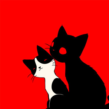 Lovely cats on red background, white and black cats love each other
