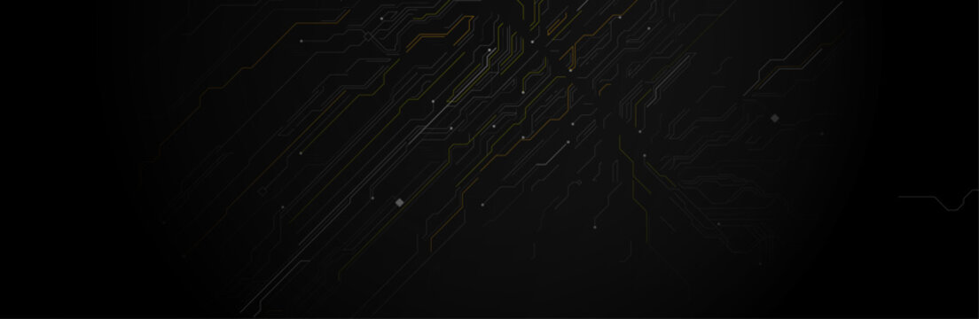 Dark black circuit board with diagonal gold and green glowing pathway on deep dark background for premium tech and gaming design