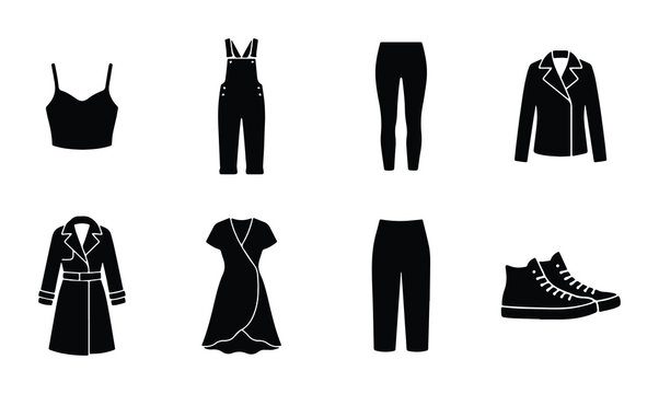 Black Fashion Wardrobe Essentials Vector Set: Casual Outfits, Formal Wear, and Footwear Collection