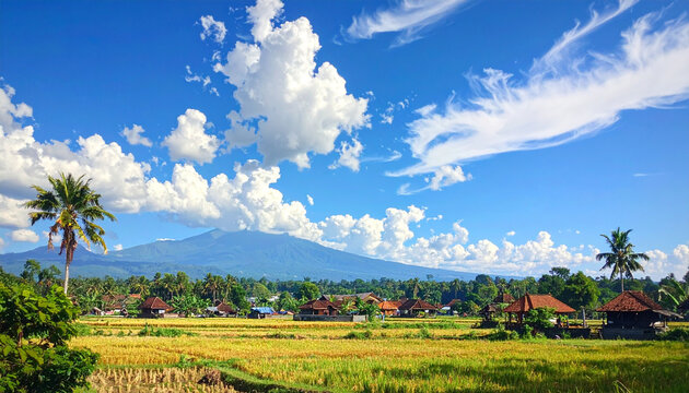Golden rice fields and mountain