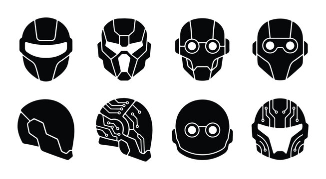 Futuristic Sci-Fi Helmets, Cyberpunk Masks, Robot Heads, Space Warrior Gear, Vector Icons Set