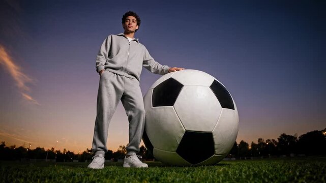 Young athlete posing confidently with an oversized soccer ball at sunset. A young athlete showcases an oversized soccer ball in a beautiful sunset setting. Surreal creative video