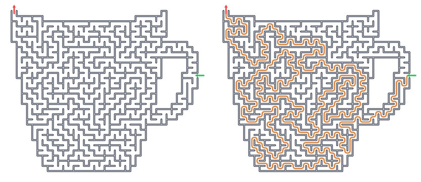 Cup-shaped maze design featuring solved and unsolved paths  