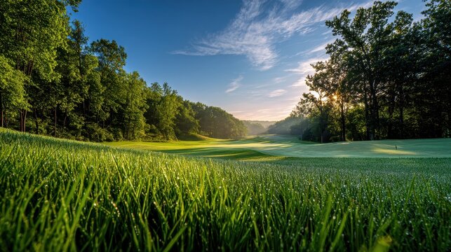Pristine golf course fairway bordered by dense woods at dawn