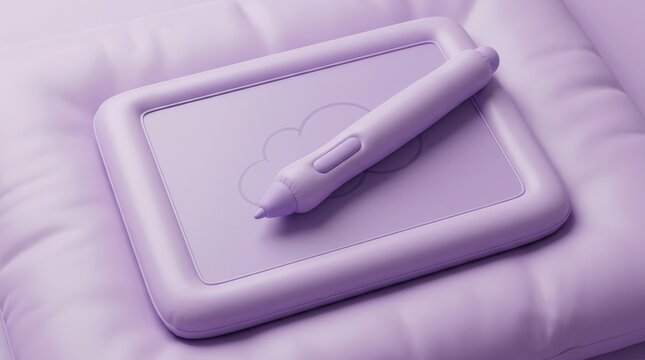 Hyper-realistic puffy electronic tablet with stylus pen resting on a soft cushion, featuring a cloud logo design in a monochromatic purple color scheme