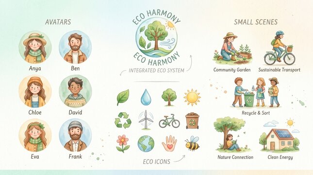 Eco Harmony system: avatars, eco icons, sustainable scenes