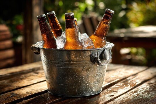 Refreshingly cold beer bottles in an ice-filled bucket against warm wood tones