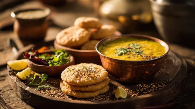 Regional Indian cuisine: dal, baati, churma arranged on a wooden platter with spice colors