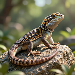 Fototapeta premium Lizard resting on moss-covered rock in natural green environment