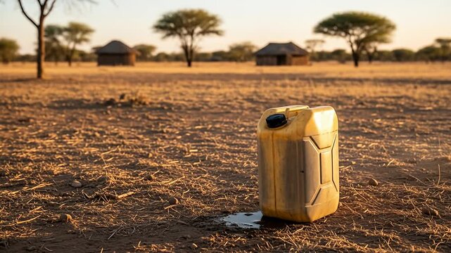 Yellow jerrycan sits in a parched, grassy field with huts and trees in the distance