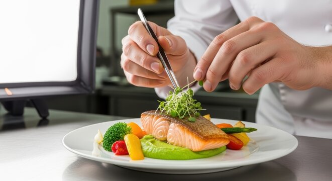 Professional chef plating seared salmon with microgreens in a fine dining kitchen Surreal Silliness Concept Design