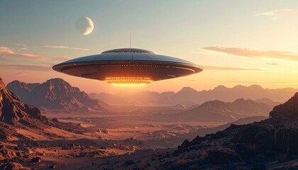 Obraz premium Futuristic UFO Spaceship Hovering Above Desert Mountains at Sunset